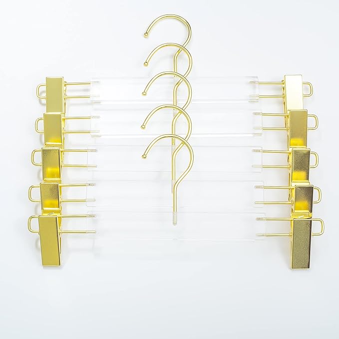 HomeCube USA Clear Acrylic Clothes Hanger with Gold Hooks & Clips – Heavy Duty Organizer for Skirts, Pants & More – Elegant Lucite Design for Closet, Home, Boutique & Retail Display