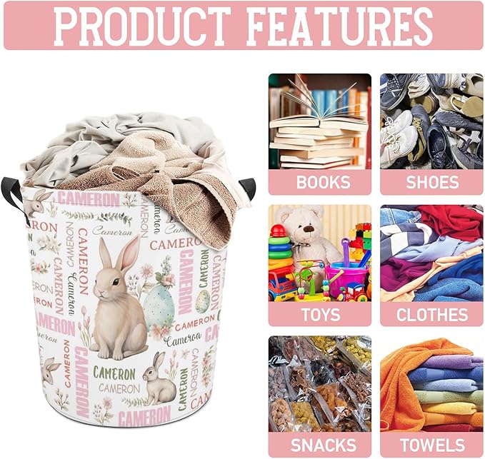 Bunny Laundry Basket,Personalized Laundry Hamper for Boys Girls,Custom Laundry Basket With Name, Customized Dirty Clothes Hamper for Bathroom Bedrooms,M-19.5"X 15.7"