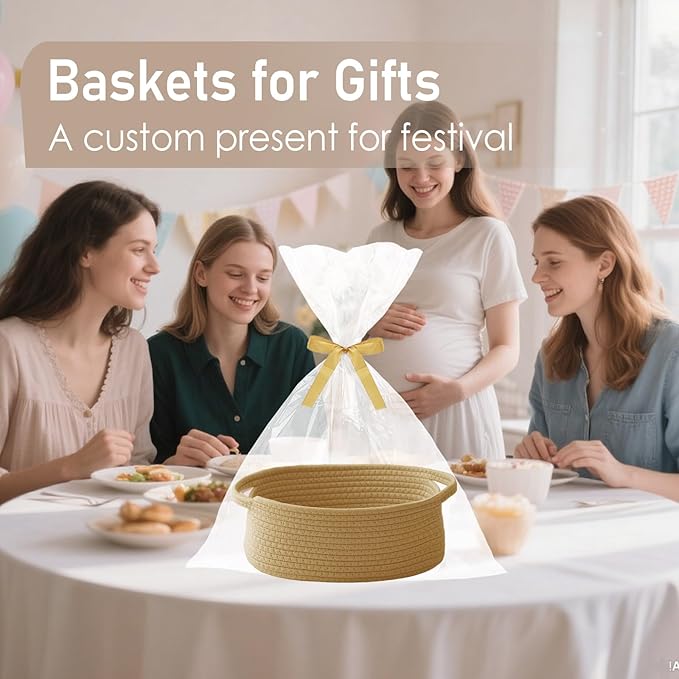 Woven Basket,Small Rope Storage Bin with Handles & Ribbon Bag, Organizer for Shelves Closets,Gift Basket Empty for Birthday,Books,Dog Toys, Jute/3 Pack