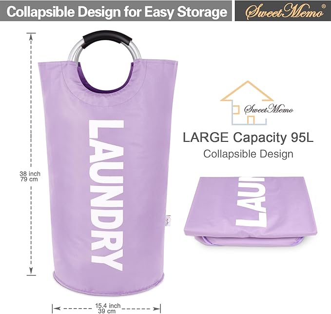 Laundry Basket Large Collapsible Clothes Hamper Bag with Handles – Foldable Freestanding Laundry Sorter for Dirty Clothes in College Dorm, Apartment, or Laundry Room – 95L (Purple)