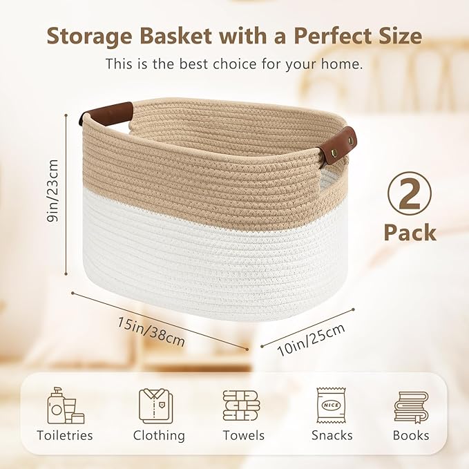 Cotton Rope Basket, Storage Baskets with Handle, 15x10x9 Inch Woven Basket for Shelves, Laundry, Towels, Clothes, Books (White/Beige 2Pack)