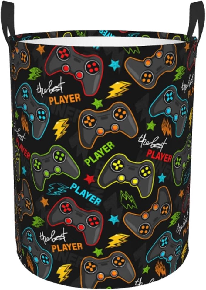 Video Game Controller Round Laundry Hamper Gaming Joysticks Storage Basket Toys Clothes Organizer Bin For Home Bathroom Bedroom Dorm Nursery, 62l