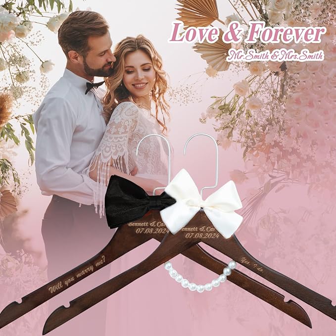 2 Pcs Personalized Wedding Hanger for Bride and Groom, Wooden Bride Hanger, Custom Mr and Mrs Hangers with Bow Tie for Tuxedo, Bridal Party Shower, Wedding Gift