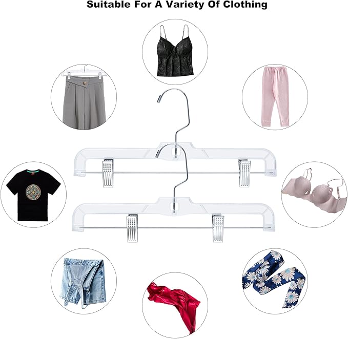 16-Pack Plastic Transparent Trouser Hangers, Adjustable Women's Skirt Hangers, Transparent Acrylic Space-Saving Plastic Hangers
