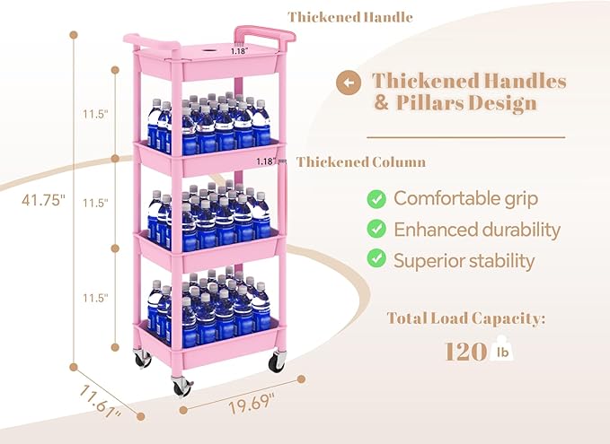 MIOCASA Utility Rolling Cart with Detachable Tray Top, 4-Tier Kitchen Storage Organization, Art Cart with Wheels for Office, Classroom, Livingroom, Kitchen, Bathroom (Pink, 4-Tier-Plastic)