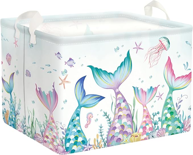 Fantasy Princess Laundry Hamper Colorful Large Storage Basket Collapsible Parents Organizer Kids Toy Clothes Bins for Bedroom, Bathroom, Mermaid, 36L