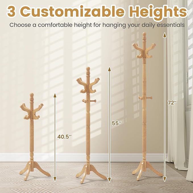 Giantex Solid Wood Coat Rack, Freestanding Hall Tree with 3 Adjustable Heights and 11 Hooks, Rubber Wood Frame, Entryway Hanger Stand, Wooden Garment Rack for Hallway, Living Room (Natural)