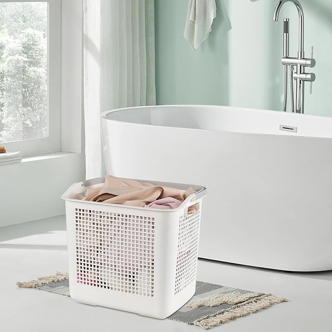 4 Packs 42 L Plastic Laundry Hampers with Handles, Plastic Storage Baskets, White