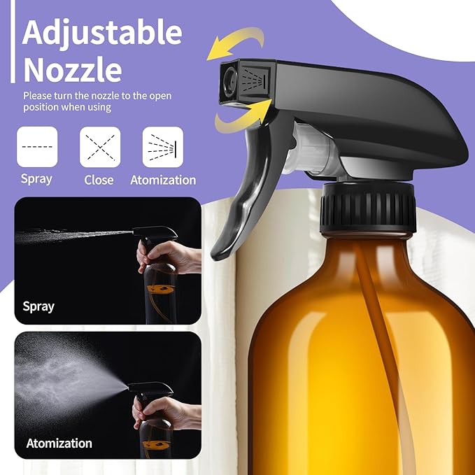 9 Pack Glass Spray Bottle 16oz, Empty Amber Spray Bottle Refillable Container for Essential Oils,Cleaning Products,Aromatherapy spray device