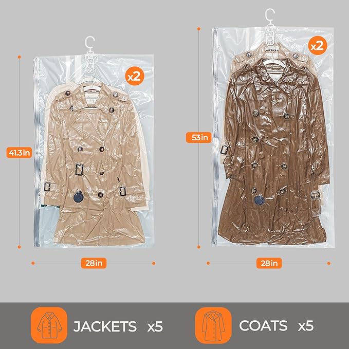 Hanging Vacuum Storage Bags 4 Pack Hanging Vacuum Seal Bags for Clothing Coat Storage Suit Bags, Hanging Plastic Clothes Cover for Coat Dress Fur Shirt Vacbird