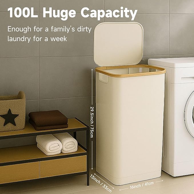 100L Extra Large Foldable Laundry Hamper with Lid - Dirty Clothing Hamper & Collapsible Basket, Portable Clothes Organizer for Home, Travel, Bathroom & Laundry Room, Beige