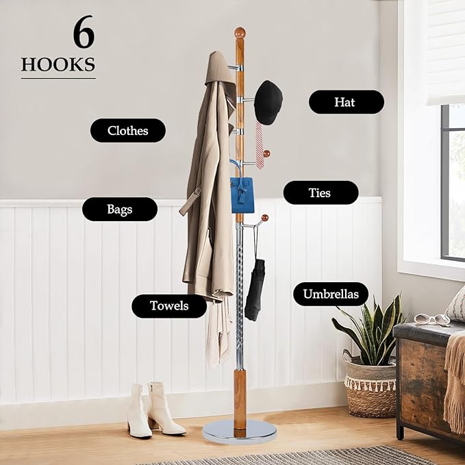 Wood Coat Rack Freestanding, Natural Coats Tree Stand with 14 Hooks, 73" Sturdy and Easy Assembly Coat Rack Stand for Entryway, Hallway, Bedroom, Bags, Hats (Metal Disc Base, Walnut Swivel Hook)