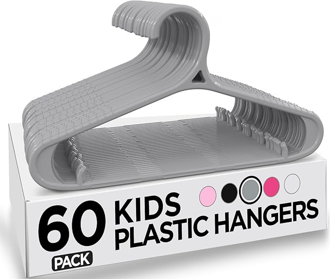 Utopia Home Kids Hangers 60 Pack - 11 Inch Plastic Baby Hangers for Closet - Childrens Hanger for Clothes & Infant Hanger for Closet - Non-Slip Shoulder Grooves, Strap Hooks & Pants Bar (Grey)