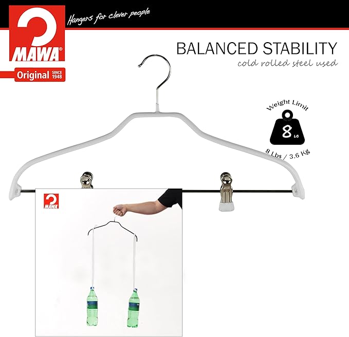 Mawa by Reston Lloyd Silhouette Series Non Slip Space Saving Hanger with Pant Clips, Style 40/FK,Set of 70, White