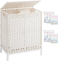 Laundry Hamper with Lid,112 L Handwoven Rattan Wicker Laundry Basket, 2 Removable Liner Bags Metal Heightened Feet,6 Mesh Bags,2 Section Large Clothes Hamper for Bathroom Bedroom, Cloud White