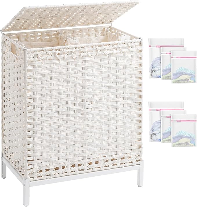 Laundry Hamper with Lid,112 L Handwoven Rattan Wicker Laundry Basket, 2 Removable Liner Bags Metal Heightened Feet,6 Mesh Bags,2 Section Large Clothes Hamper for Bathroom Bedroom, Cloud White