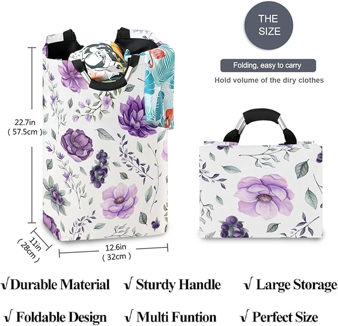 CaTaKu Floral Watercolor Purple Baby Laundry Baskets Collapsible, Large Tall Clothes Hampers for Kids Laundry Room Organizer Foldable Storage Bins with Handles