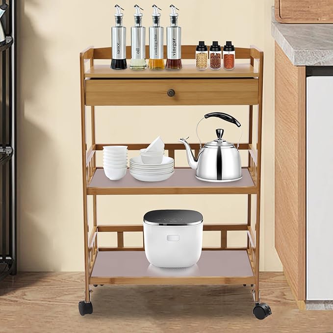 3 Tiers Bamboo Home Rolling Kitchen Trolley w/Storage Drawer Stand, Bamboo Kitchen Storage Cart, Natural Appearance, Rounded Corners, for Kitchen, Bathroom,Laundry,Living Room