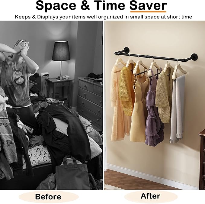 Wall Mounted Clothes Rack 38.4in, Industrial Pipe Wall Mount Clothing Rack, Heavy Duty Iron Garment Racks, Space Saver Multi-purpose Hanging Rod for Laundry Room, Closet Storage, 2 Packs