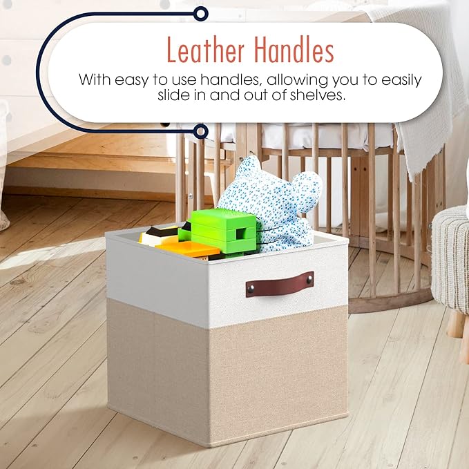 Ornavo Home 13 x 13 Storage Cube Bins, Foldable Collapsible Fabric Storage Bins Box Linen Shelf Basket Cube Organizer for Closet with Leather Handles, 6 Pack, White/Khaki