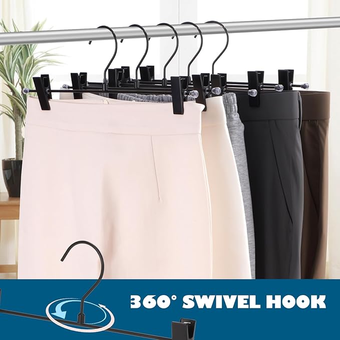 9-Pack Black Pants Hanger, Adjustable Women's Skirt Hanger, Jeans Hanger Pants Hanger, Heavy Duty Space Saving Shorts Hanger