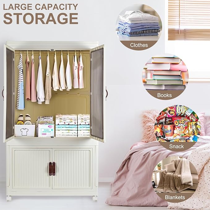 Stackable Closet Storage Bins, Collapsible Clothes Organizers, Portable Wardrobe Closet with Lids and Doors, Movable Clothes Storage with Coat Hangers, White