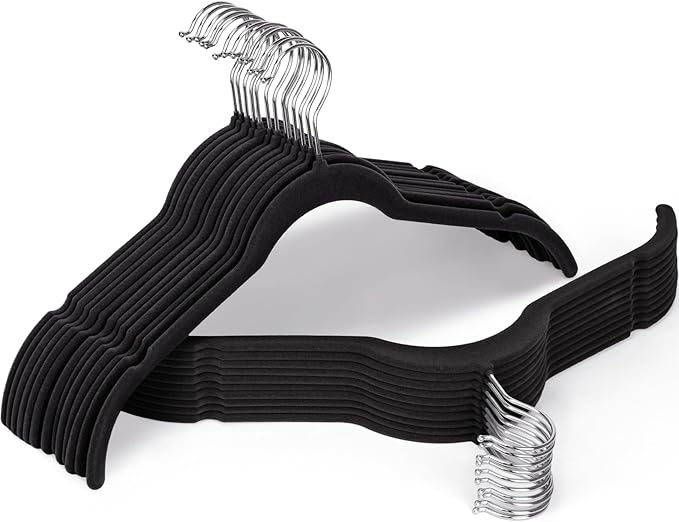 Black Velvet Hangers 10 Pack, Non-Slip Felt Hangers with Shoulder Notches, Slim Space Saving Clothes Hangers with 360°Swivel Hook for Shirts Heavy Coats Clothes Dresses Closet (Black)