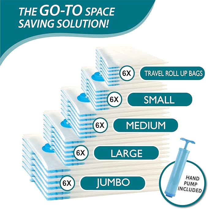 30 Pack Space Saver Bags (6 Jumbo/6 Large/6 Medium/6 Small/6 Roll) Compression Storage Bags for Comforters and Blankets, Vacuum Sealer Bags for Clothes Storage, Hand Pump Included