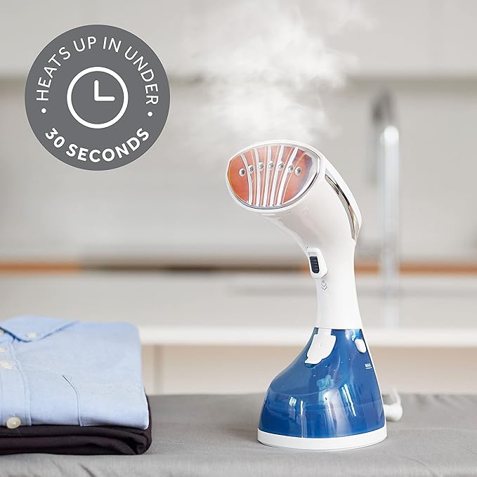 Sunbeam 1200W Power Steam Handheld Steamer for Clothes, Extra Burst of Steam Feature, 30-Second Fast Heat-Up, Bristle Brush Attachment, White and Blue Finish