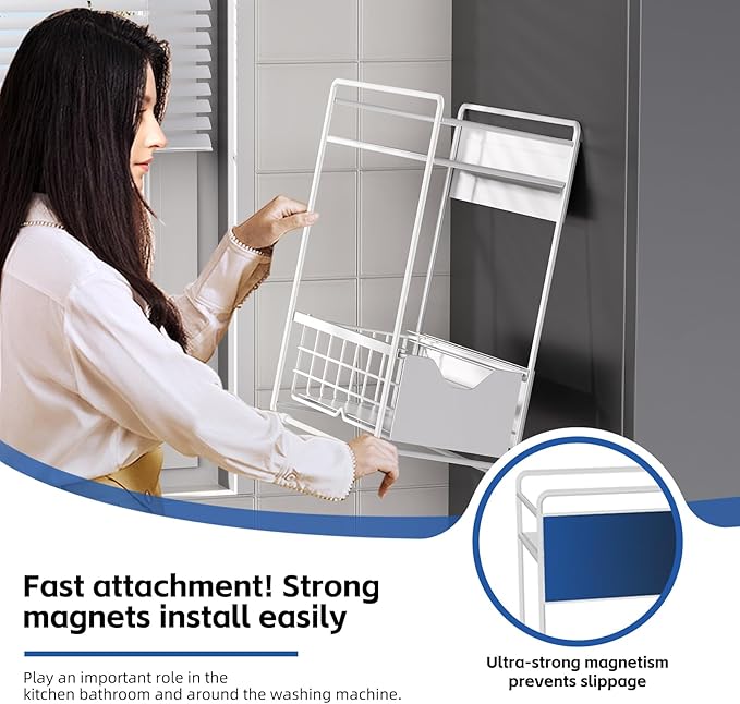 2 Tier Magnetic Shelves for Washing Machine with Pull Out Metal Drawer,Magnetic Spice Rack for Fridge,Magnetic Rack with no Installation, Versatile Storage Organizers for Home (White, 2 Tier)