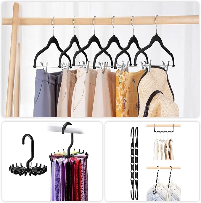 VECELO Premium Velvet Clothes Hangers Suit with Metal Clips (20 Pack)-Non Slip & Space-Saving with 1 Magic Hangers & 2 Tie Rack Excellent for Men and Women
