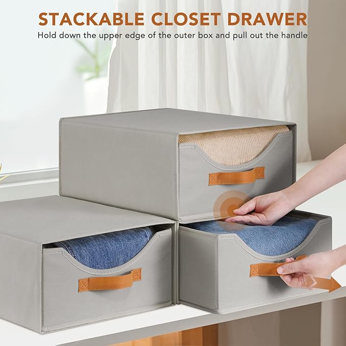 6 Pcs 16.5" Closet Drawers and Large Size Clothes Storage Bins Push-Out Storage Stackable Shelf Drawers with See-Through Window Closet Organizers for Bedroom, Living Room, Under Bed, Grey