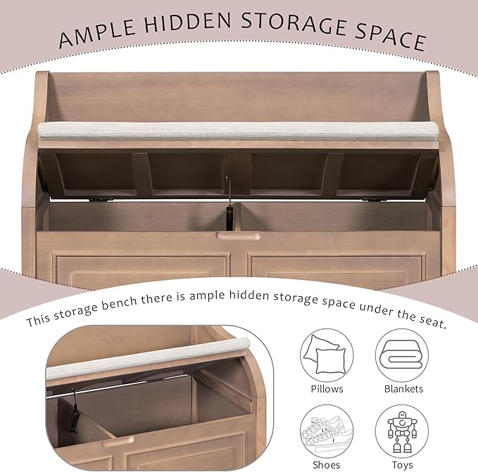 42" Rustic Multifunctional Storage Bench Entryway Bench with Safety Hinge, Removable Seat Cushion and Hidden Storage Space, Home Collection for Hallway Entryway Living Room Mudroom (Brown)