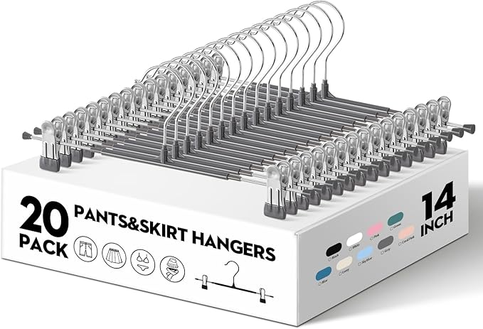 20PACK 14Inch Pants Hangers with Clips Adjustable Skirt Hangers for Women Metal Non-Slip Trousers Hanger Heavy Duty Space Saving Clothes Hanger for Shorts,Jeans,Gray