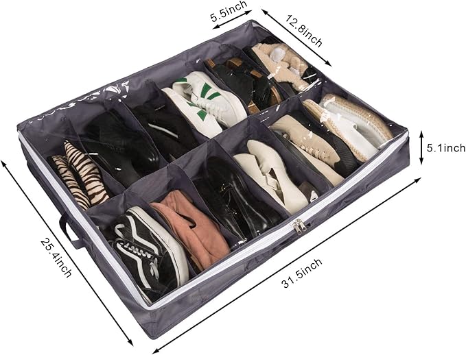 Surblue Under Bed Shoe Organizer Storage Bag with Transparent Skylight and Zippered,24 Pairs,Darkgray 2 PCS