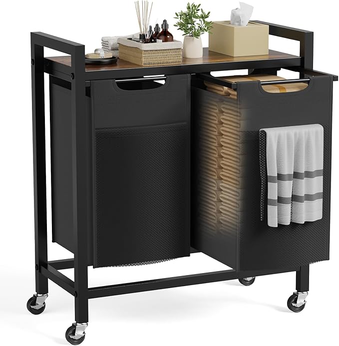 NEWBULIG Rolling Laundry Hamper with Removable Pull-Out Bag, Freestanding Clothes Basket Organizer with Wheels for Bathroom & Bedroom, 2 × 12.2 Gal (92L) - Rustic Brown & Black