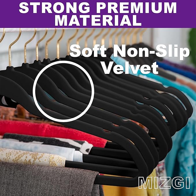 MIZGI Premium Velvet Hangers Pack 50 Pcs Heavyduty - Non Slip Slimline - Velvet Suit Hangers Black - Gold Hooks,Space Saving Clothes Hangers …