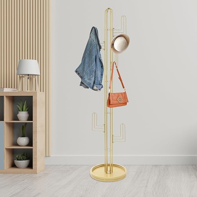 Cactus Coat Rack, Freestanding Coat Rack With 6 Hooks, Modern Metal Coat Racks with Round Base, Gold Cactus Shape Clothing Stand for Bedroom, Office (Gold)