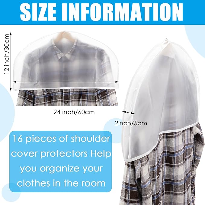 Patelai 16 Pcs 2" Gusseted Shoulder Covers for Hanging Clothes 24" Length x 12" High Plastic Garment Dust Covers Protectors for Closet Storage Suit, Coats, Jackets, Dress Closet Storage(Translucent)