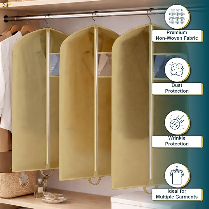 50" Garment Bags for Hanging Clothes, Pack of 3 Suit & Dress Covers for Storage and Travel, Long Gown Bags with Zipper, Warm Mocha