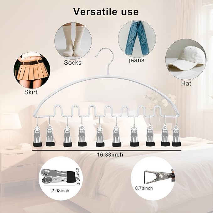Legging Organizer for Closet,Metal Wave Design Pants Hanger with 10 Clips 7 Hooks, Closet Storage for Pants, Skirts, Hats (White, 1Pack)
