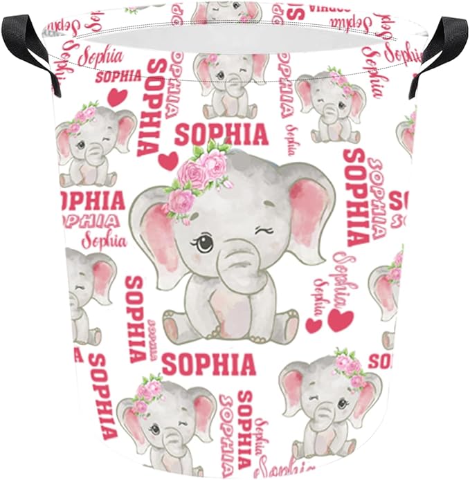 Personalized Laundry Hamper Custom Kids Dirty Clothes Hamper with Name Storage Basket for Bathroom Bedrooms Nursery for Baby Girls Boys Adults (Style-Pink Elephant)