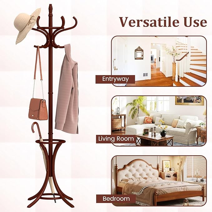 GOFLAME 73" Coat Rack Freestanding, Wooden Coat Tree with 12 Hooks and Umbrella Stand, Entryway Hall Tree, Hat Hanger Organizer, Coat Rack Stand for Coats, Hats, Scarves, Easy Assembly, Reddish Brown