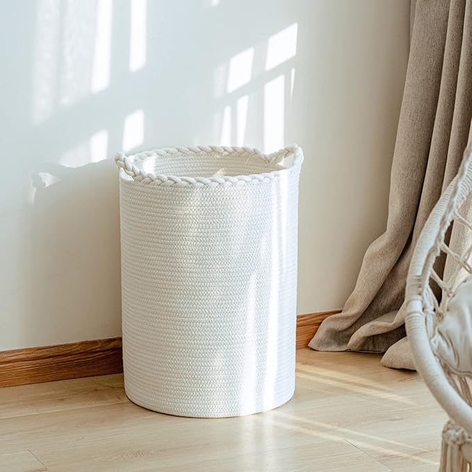 72L Woven Laundry Hamper,Cotton Tall Wicker Laundry Basket for Blankets,Clothes,Pillows,Toys,Shoes Large Laundry Bin White