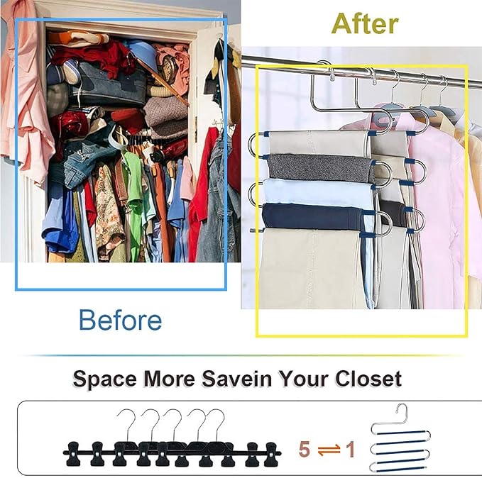 Devesanter Space Saving Non-Slip 6 Pack S-Shape Trousers Hangers - Stainless Steel Closet Storage Organizer for Pants, Jeans & Scarves - Blue