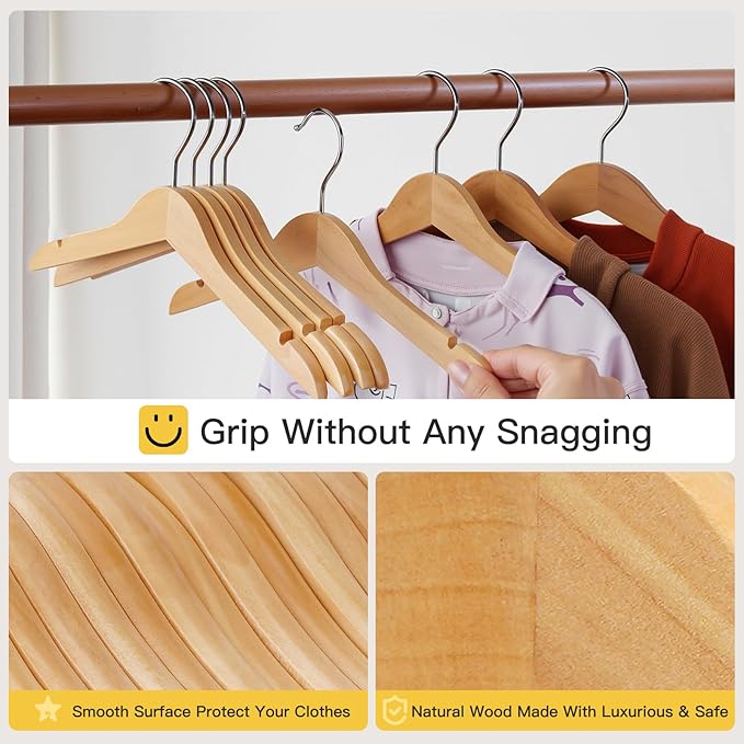 Kid Hangers 30 Pack Soild Wooden Hanger,Natural Smooth Finish Wooden Baby Hangers with Non Slip Notches & Anti-Rust 360 Swivel Hook,Durable Toddler Hanger for Coat,Shirt,Dress