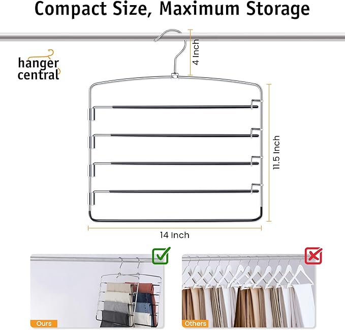 Hanger Central 3 Pack Space Saving Swing Arm Pants Hangers – 5 Tier Stainless Steel Multi-Layer Closet Organizer for Jeans, Slacks, Trousers, Skirts – Non Slip Hangers for Clothes, Black