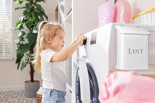 Magnetic Lint Bin for Laundry Room, 2.5L Space-Saving Laundry Trash Can, Wall Mounted or Freestanding Dryer Lint Holder, White Farmhouse Design