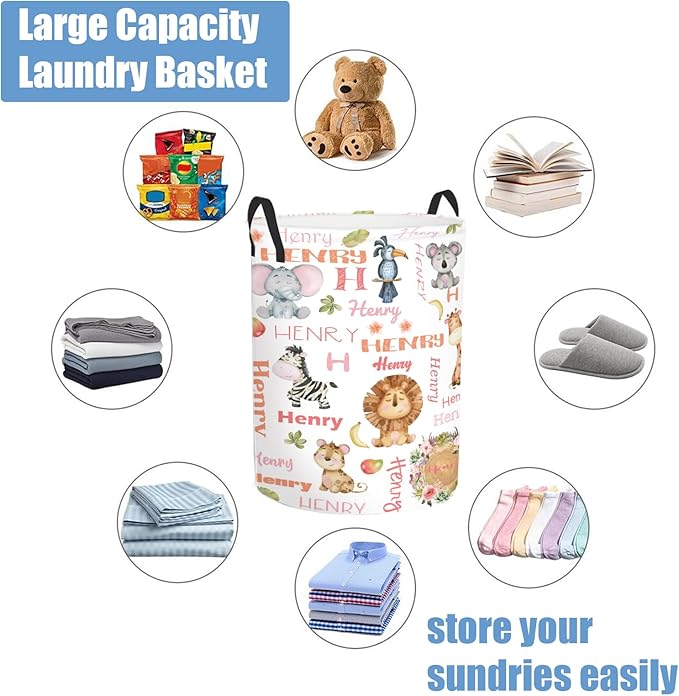Custom Name Animals Laundry Baskets for Baby Boys Girls, Personalized Toddlers Storage Organizer for Kids Adults, Customize Hampers for Laundry Room Nursery Bathroom Bedroom Utility Room