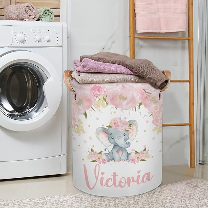 Personalized Laundry Basket, Custom Gift Laundry Hamper, Collapsible Nursery Waterproof Laundry Baskets, Dirty Clothes Toy Hamper with Handles Pink Floral Cute Elephant